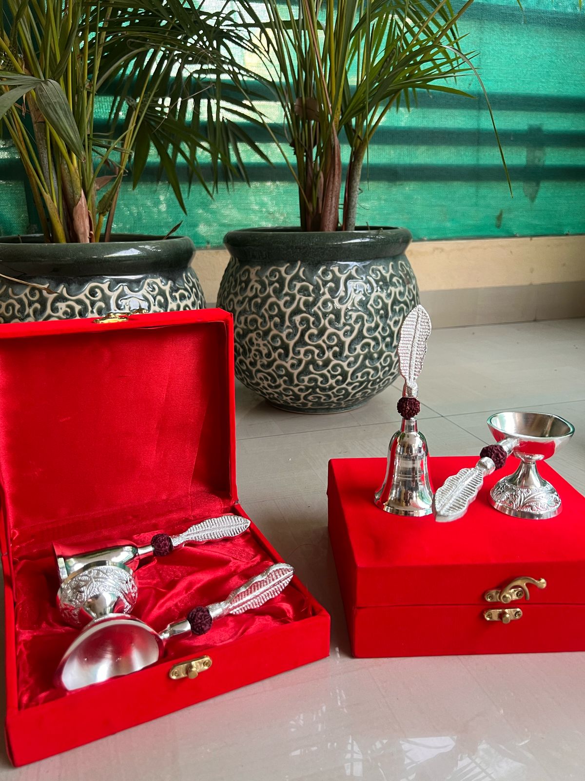 german silver Rudraksh Bell and handle deepam with gift box for diwali gift, 1 set