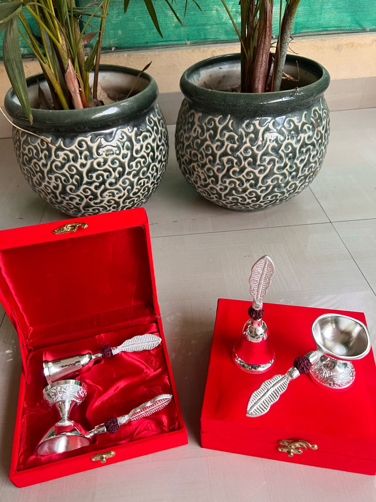 german silver Rudraksh Bell and handle deepam with gift box for diwali gift, 1 set
