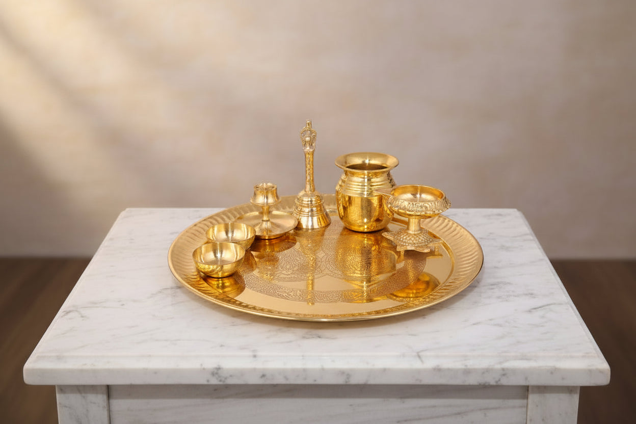 Brass Lakshmi Ganesh Shubh lab Carving Pooja thali Set