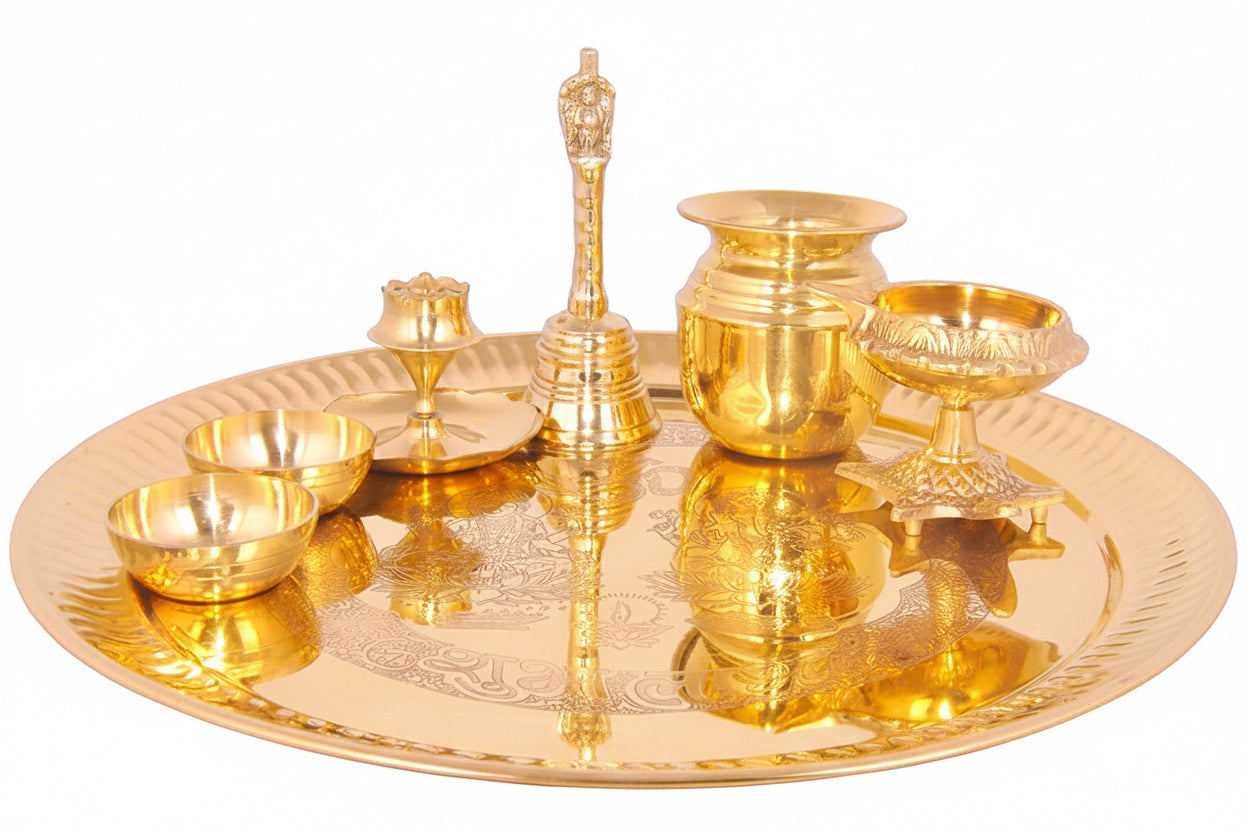 Brass Lakshmi Ganesh Shubh lab Carving Pooja thali Set