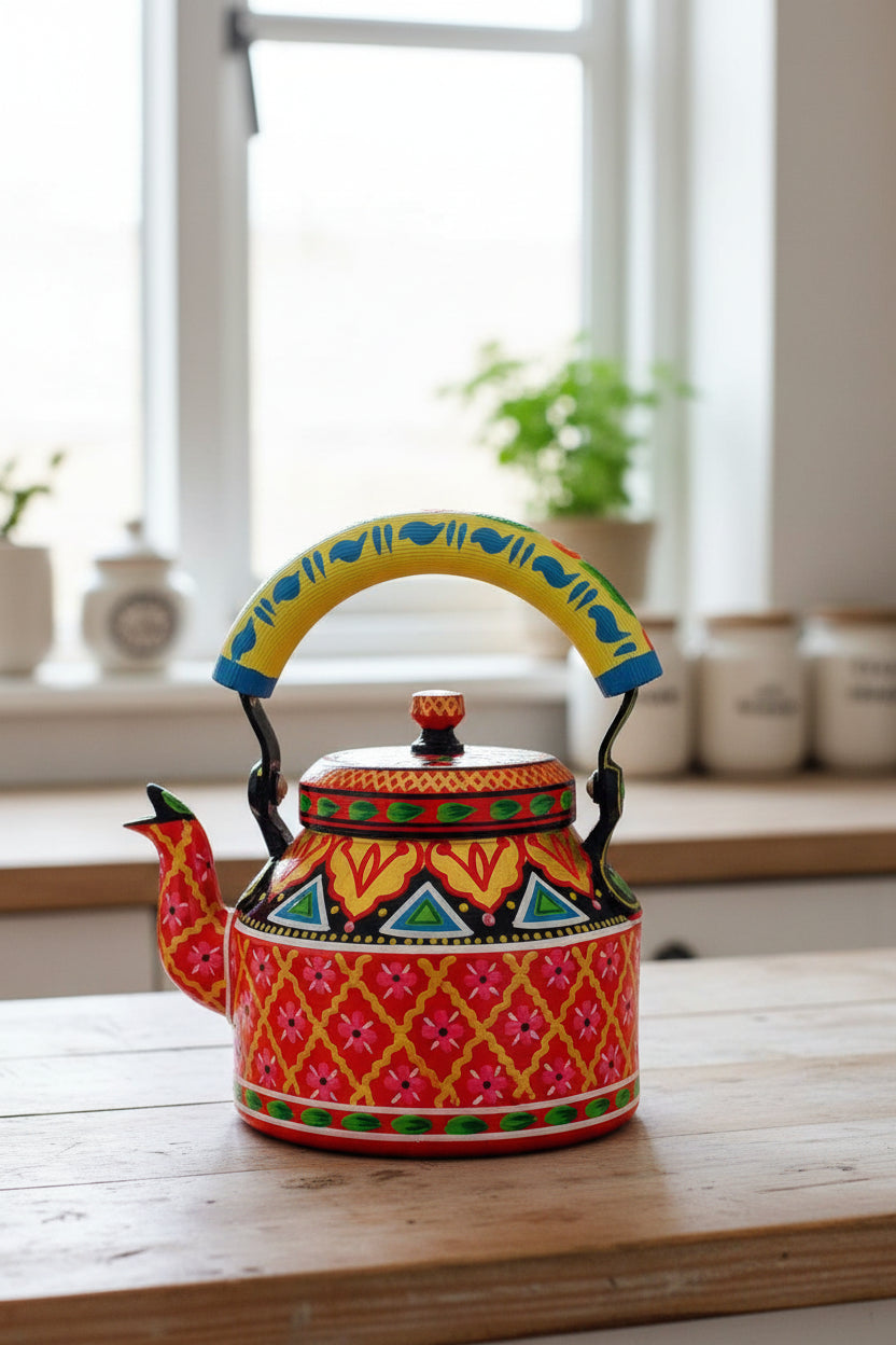 Colorful Handmade Kettle Décor | Bright Home Accent | Unique Kitchen Decoration, red