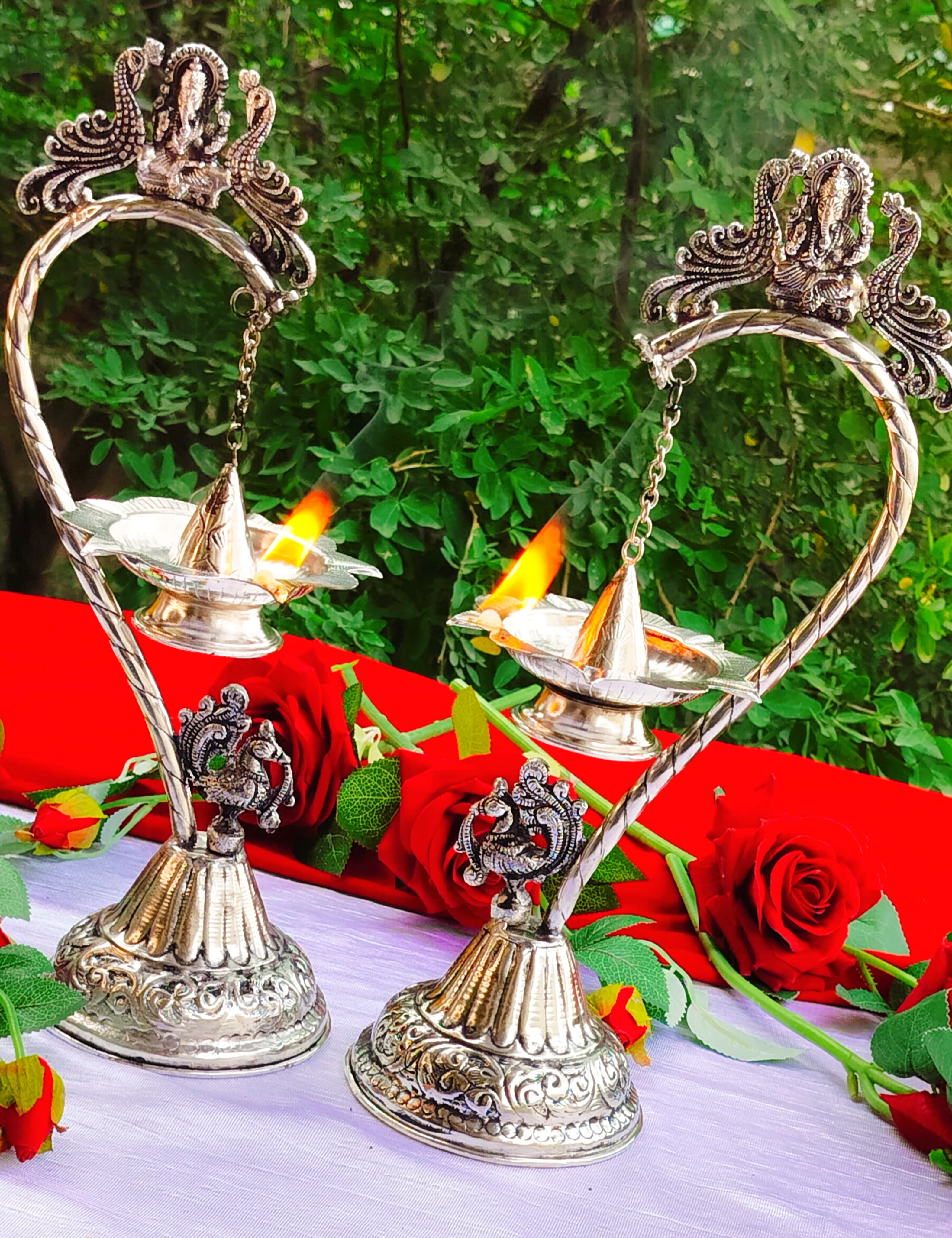 German Silver vinayak with Peacock Hanging Diya Pair, Size : 15"
