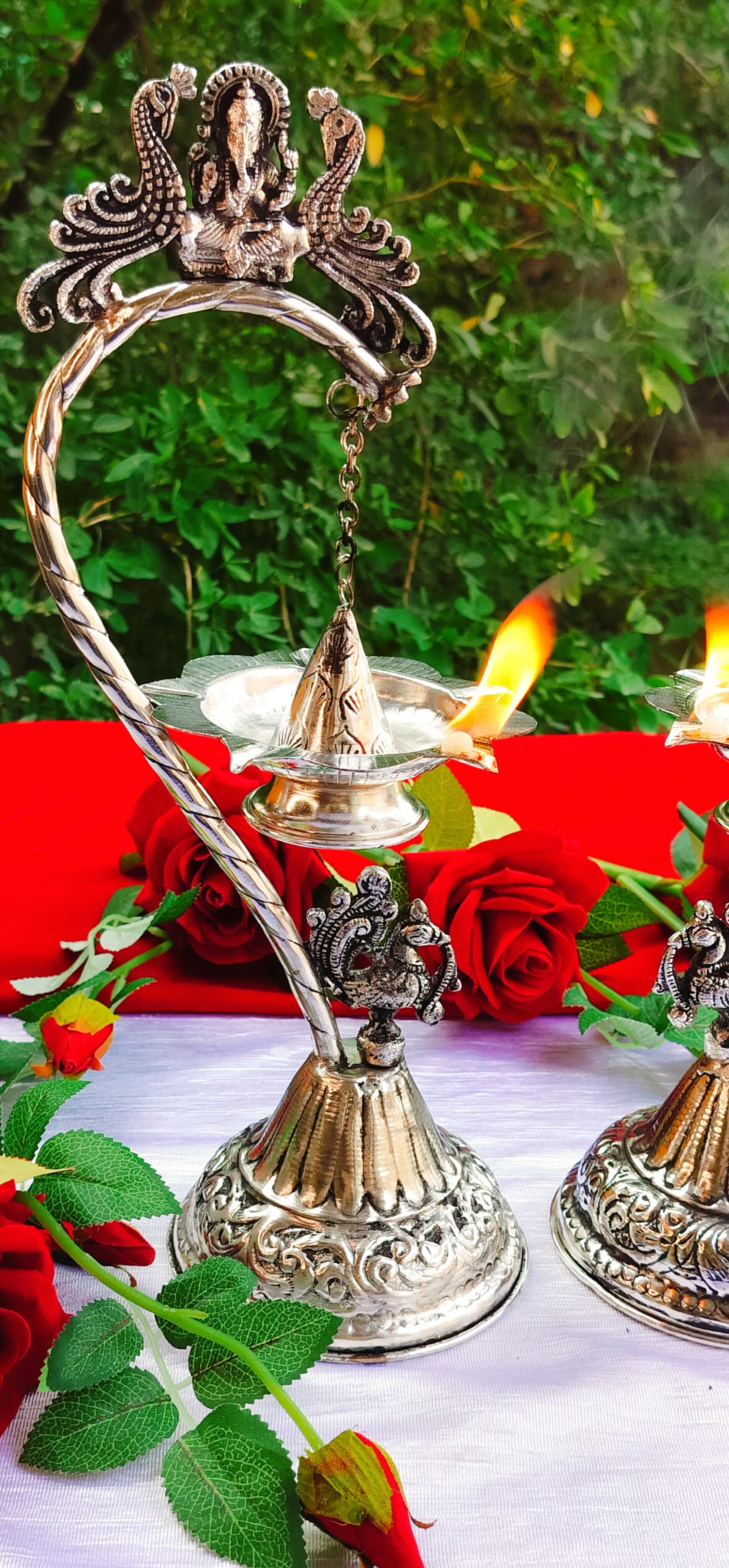German Silver vinayak with Peacock Hanging Diya Pair, Size : 15"