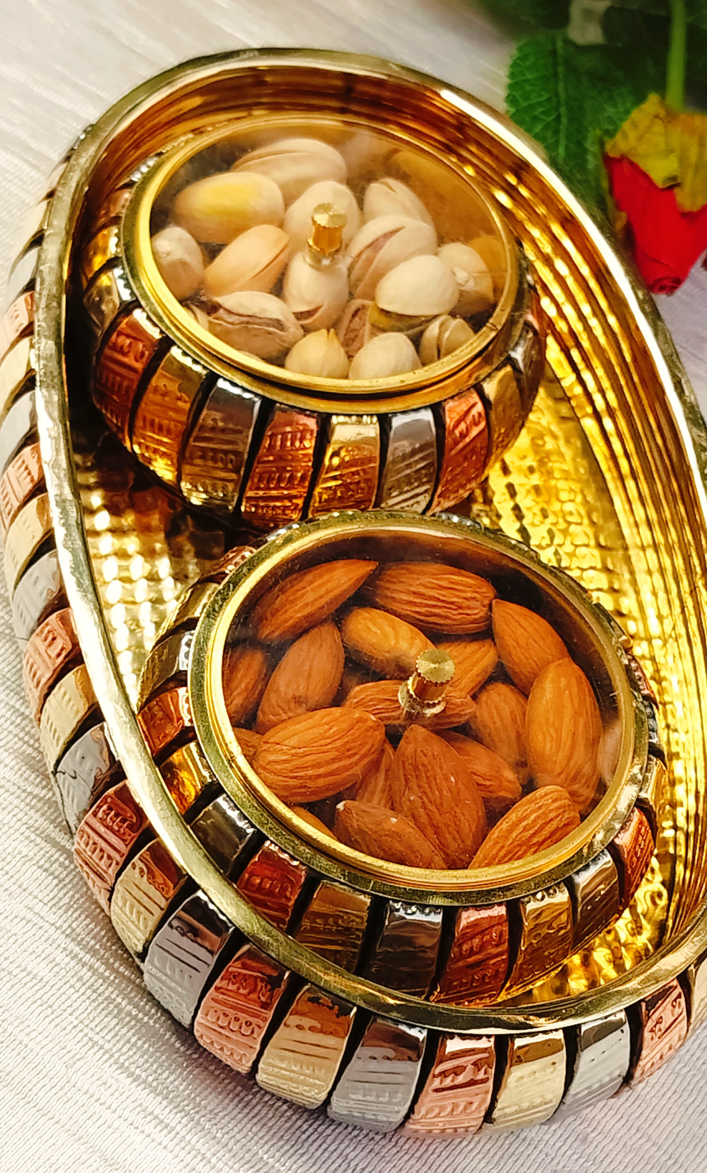 German Silver, Copper and Brass Metal 2 dryfruit jar with Acrylic lid and Tray Set