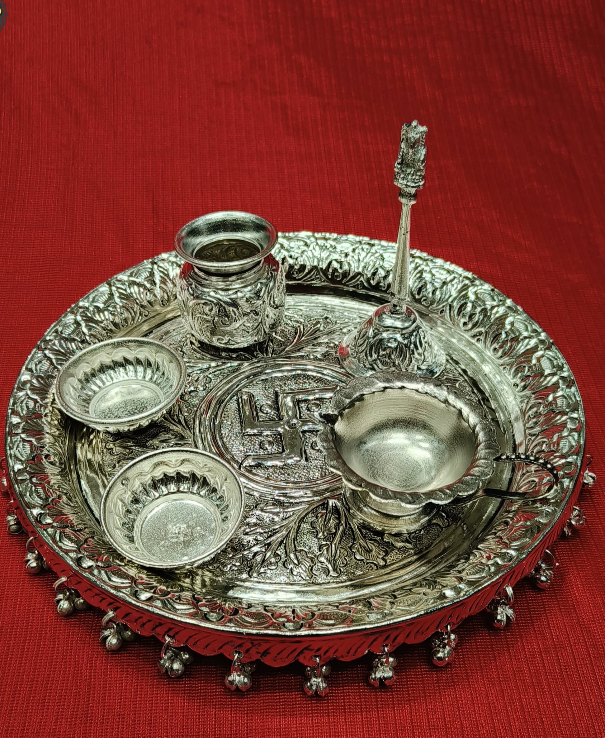 silver plated antique finish pooja thali set for housewarming/ diwali