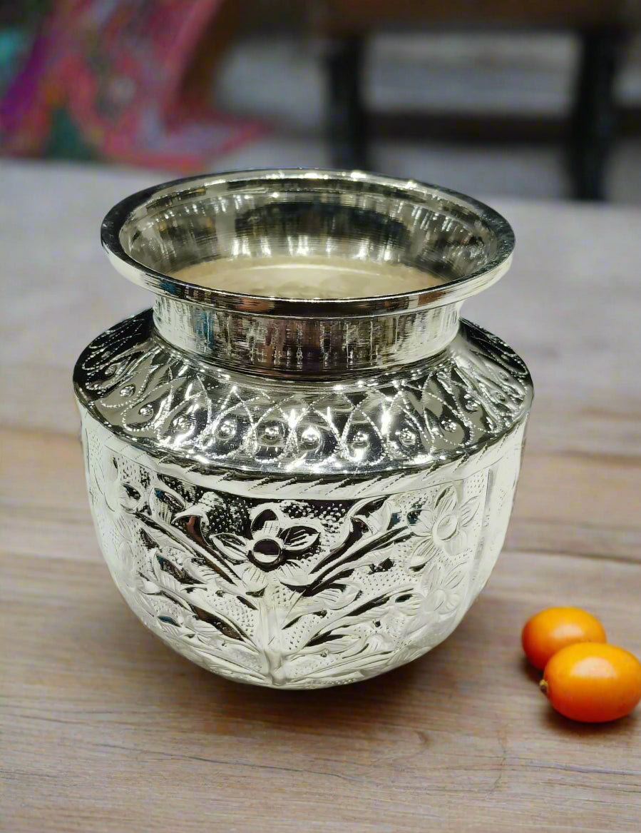 silver plated flower nakashi desgn kalash for diwali/ housewarming