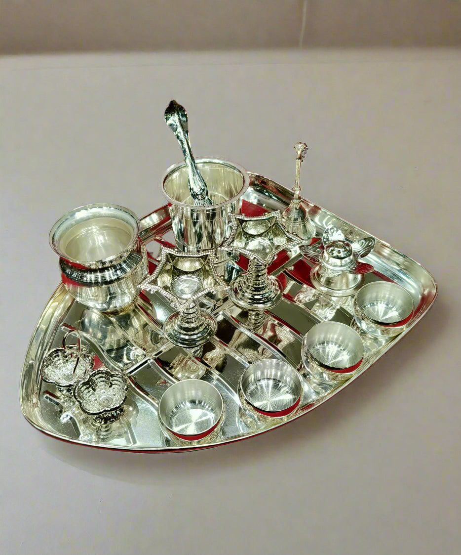 silver plated leaf shape pooja thali set - 13 pieces set