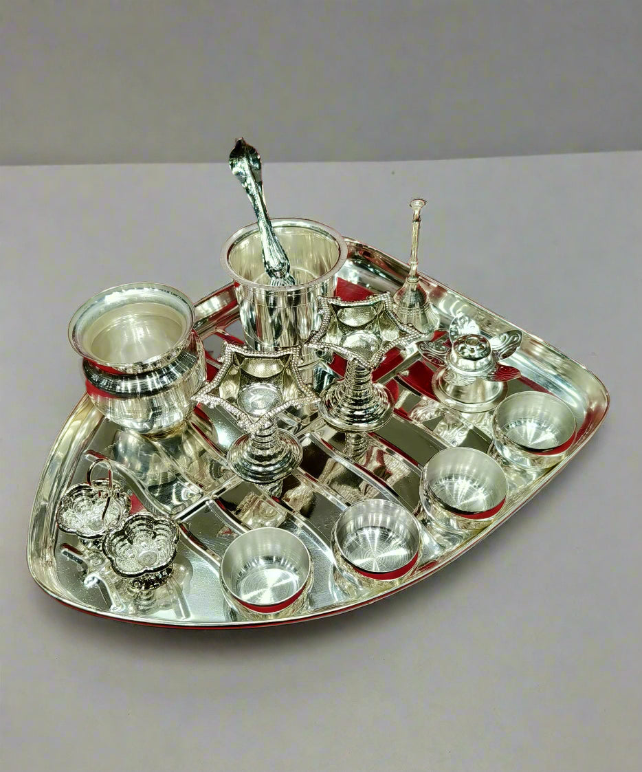 silver plated leaf shape pooja thali set - 13 pieces set