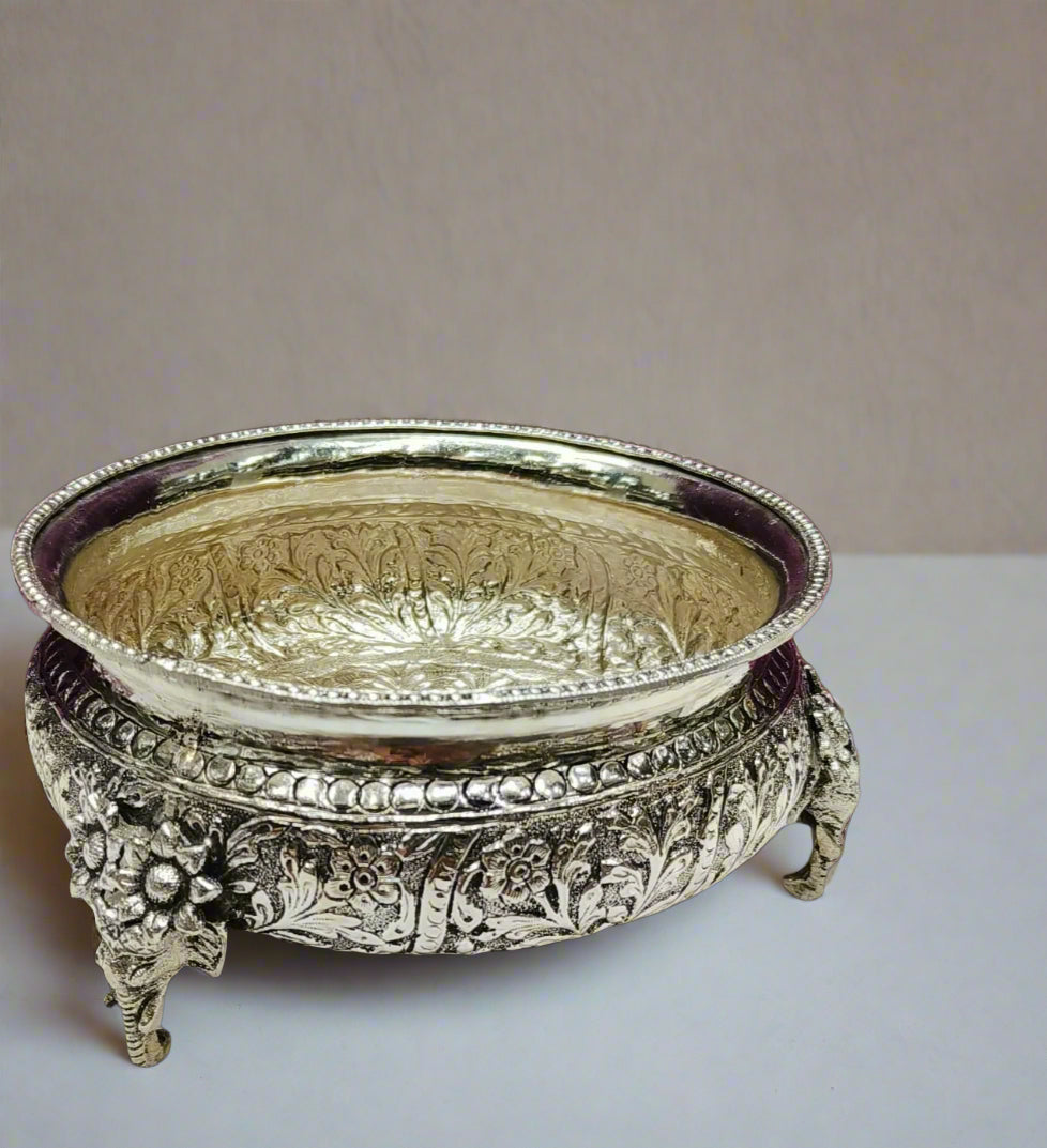 silver plated  elephant legs urli bowl