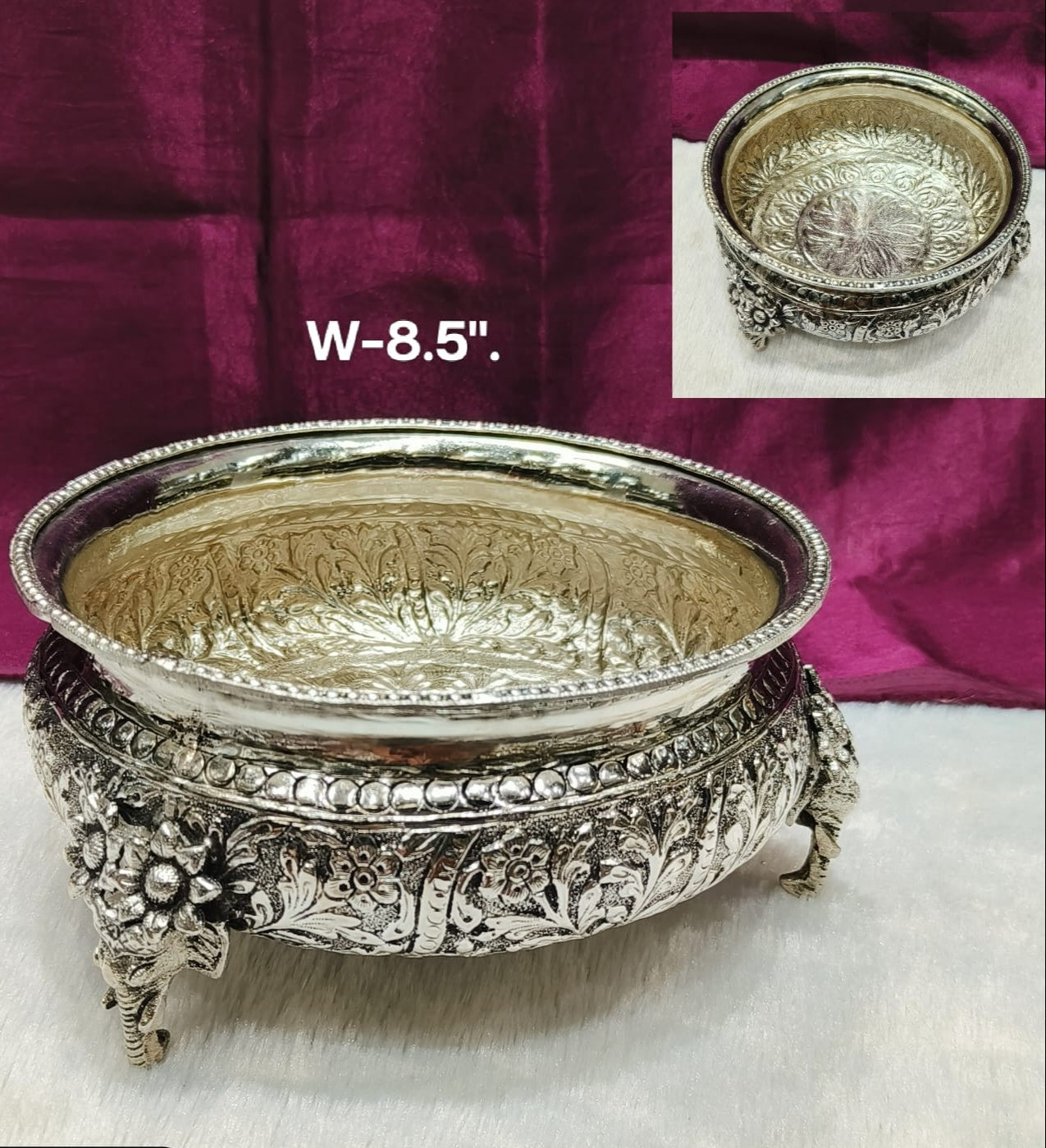 silver plated  elephant legs urli bowl