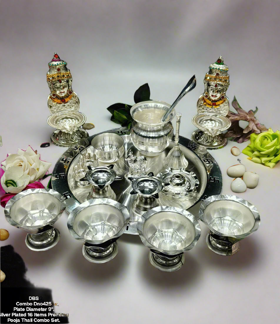 silver plated 16 pieces pooja thali set for housewarming pooja/ diwali