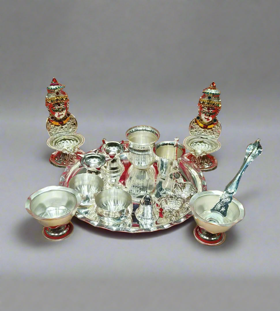 silver plated 15 pieces pooja thali set for housewarming pooja/ diwali