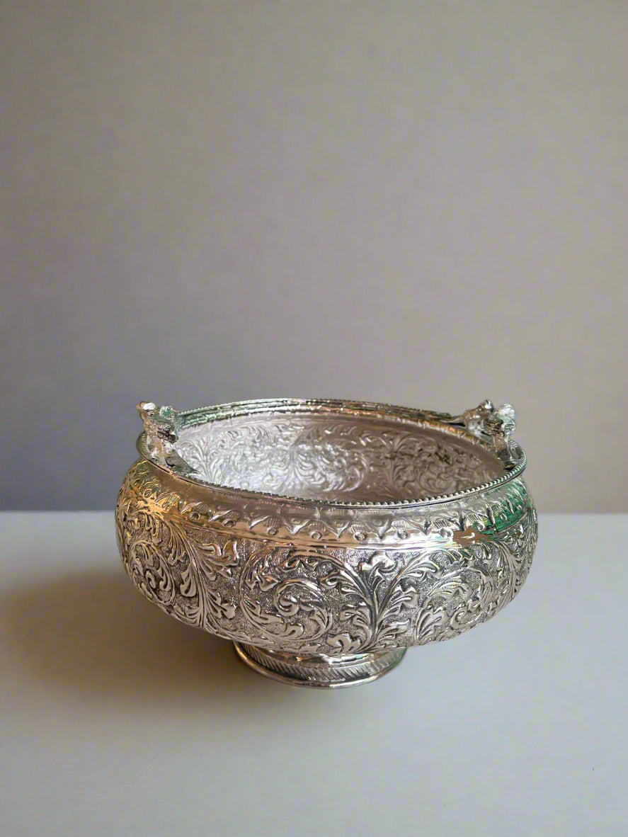 German silver parrot urli with stand