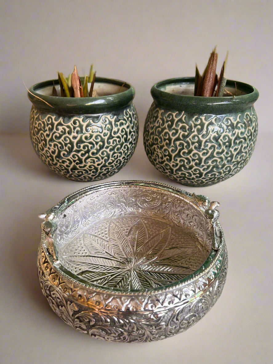 German silver parrot urli with stand