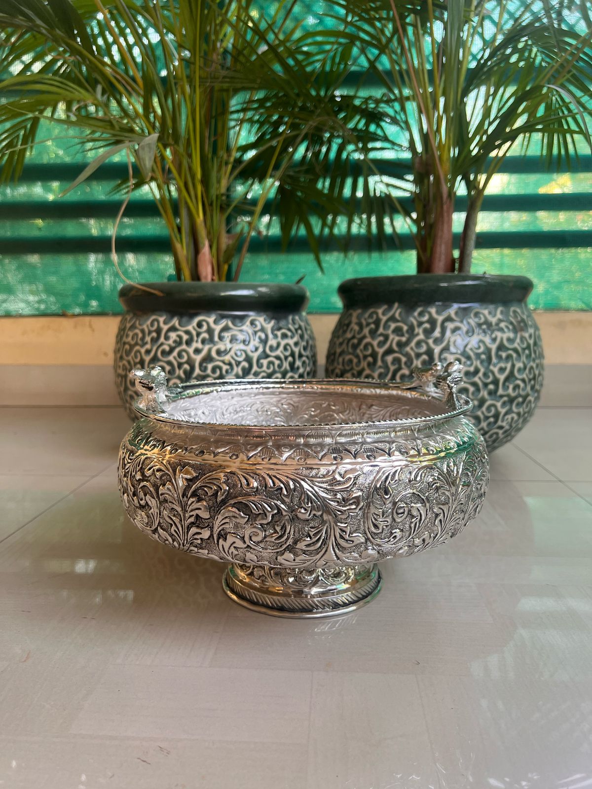 German silver parrot urli with stand