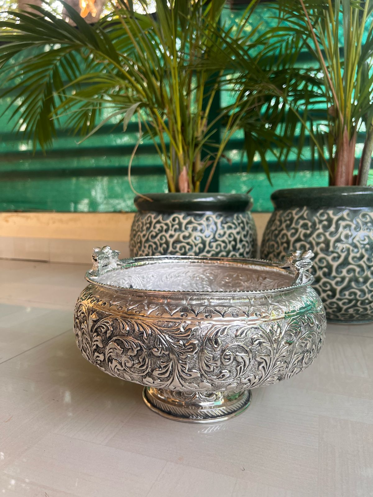 German silver parrot urli with stand