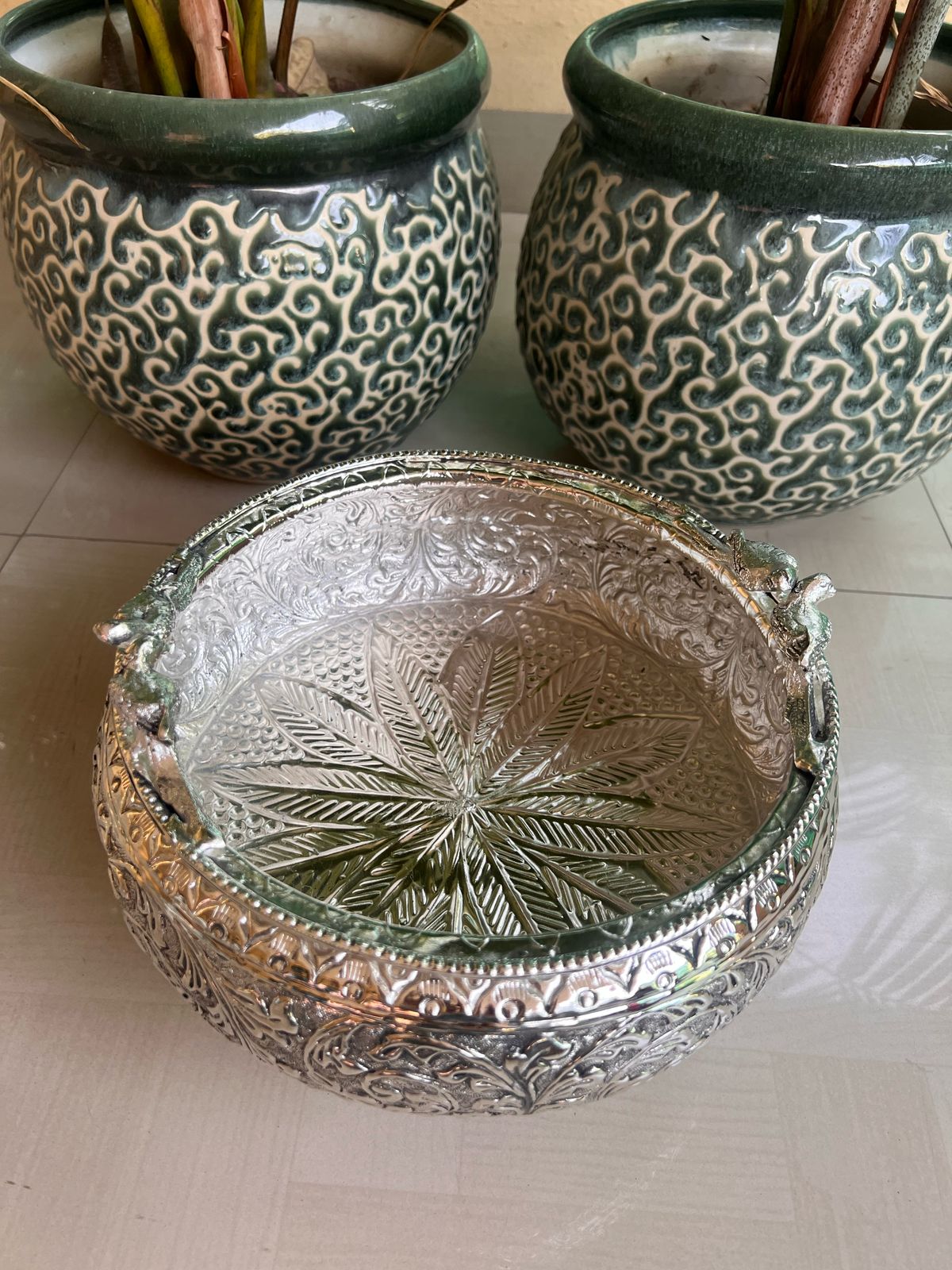 German silver parrot urli with stand