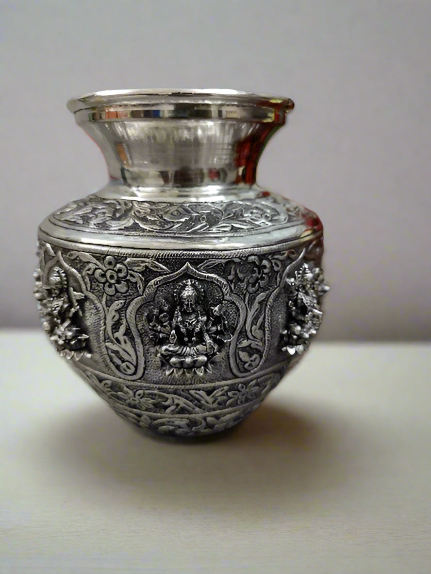 pure silver plated  astha lakshmi kalash, 11"