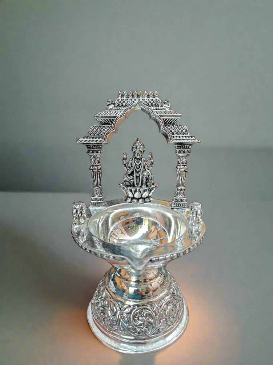 pure silver plated  big size Kamakshi Diya with elephants , 1 piece