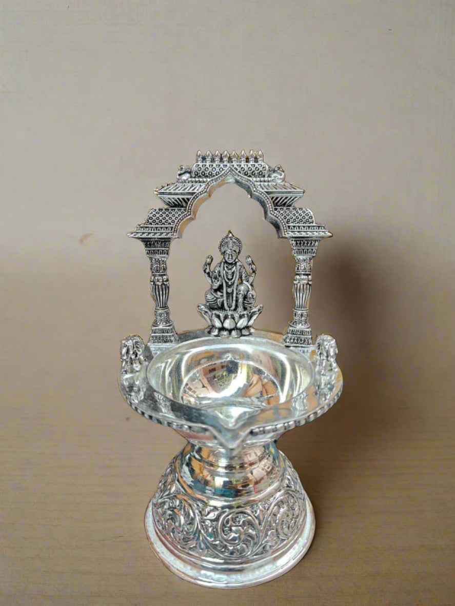 pure silver plated  big size Kamakshi Diya with elephants , 1 piece