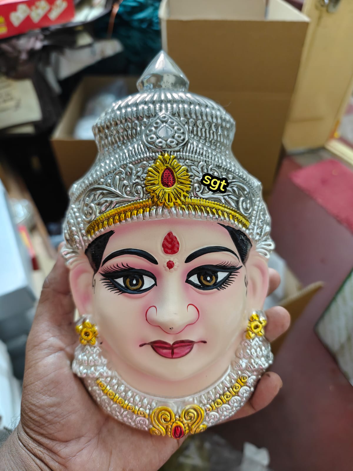 German silver washable special design big size face with Tanjore painted 8"