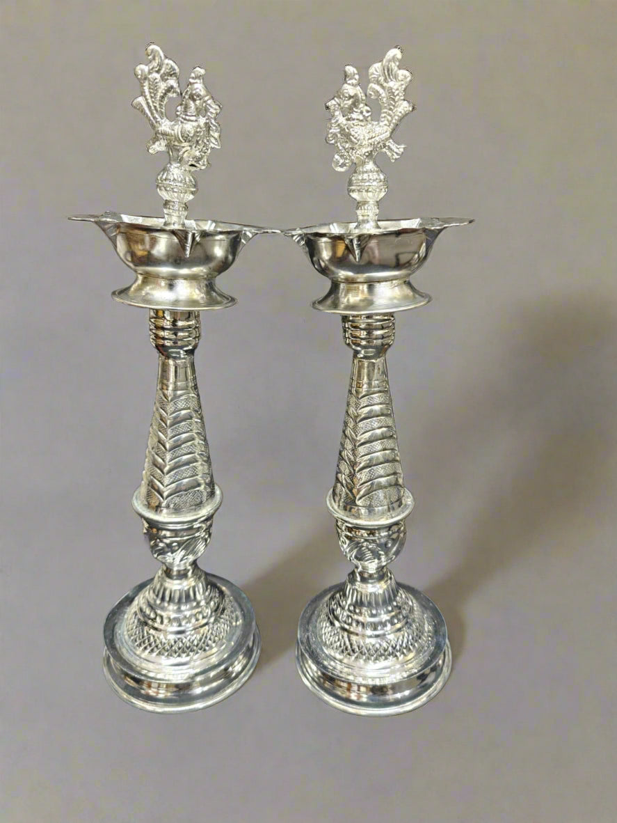 German silver fully carved peacock Diya pair for housewarming/ Diwali , 15"