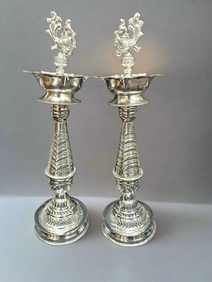 German silver fully carved peacock Diya pair for housewarming/ Diwali , 15"