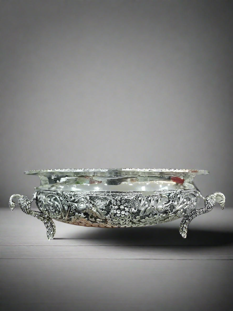 pure silver plated peacock legs fully carved urli bowl for home décor