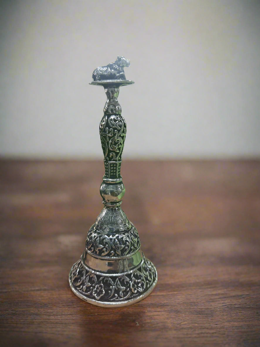 pure silver antique finish plated nandi bell for pooja/ home décor, 5"