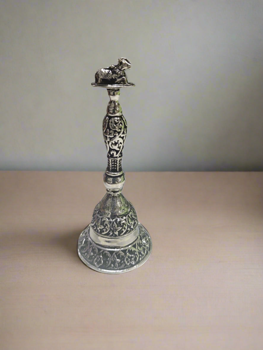 pure silver antique finish plated nandi bell for pooja/ home décor, 5"