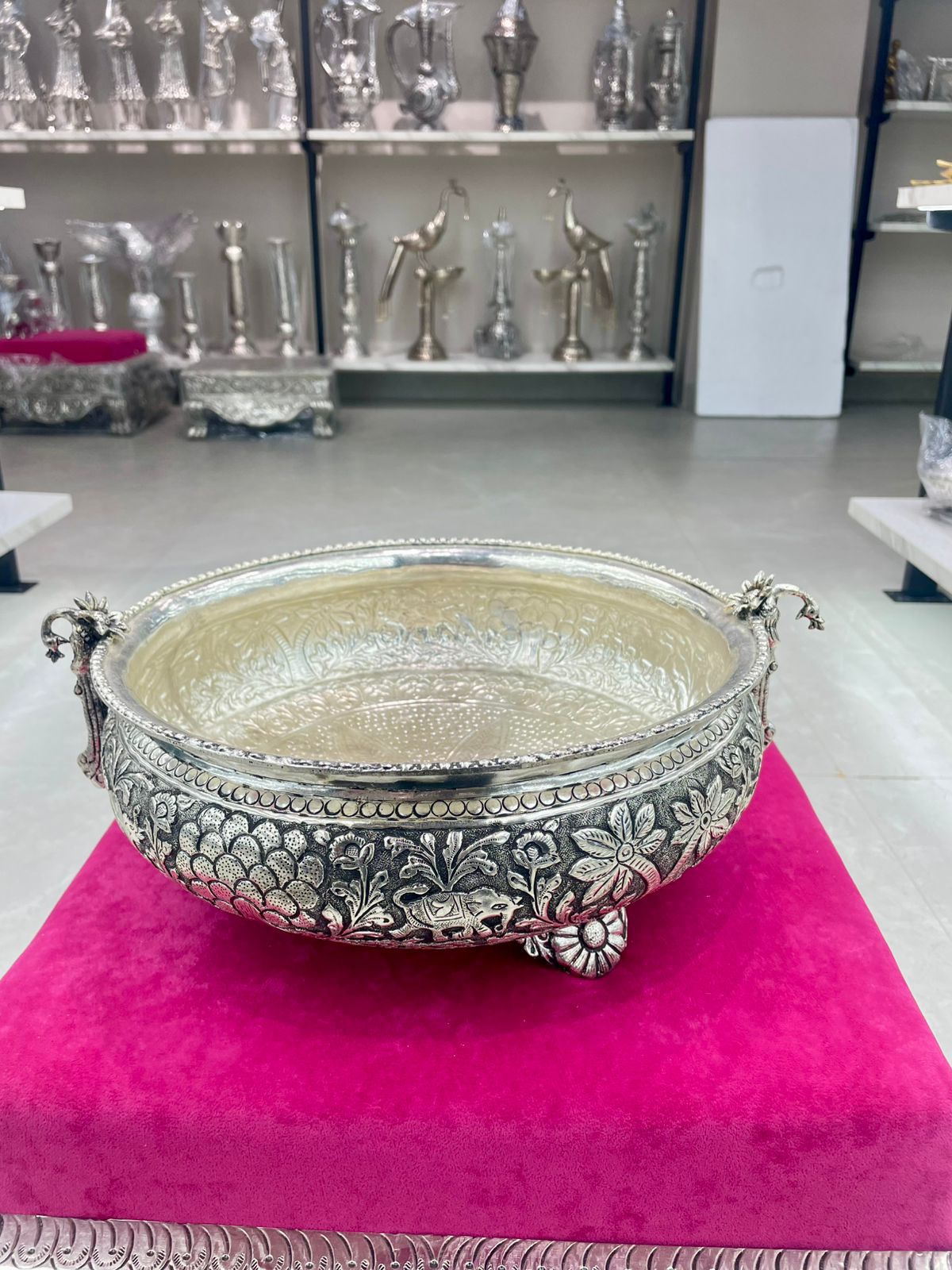German Silver Antique Finish Peacock Design Urli 