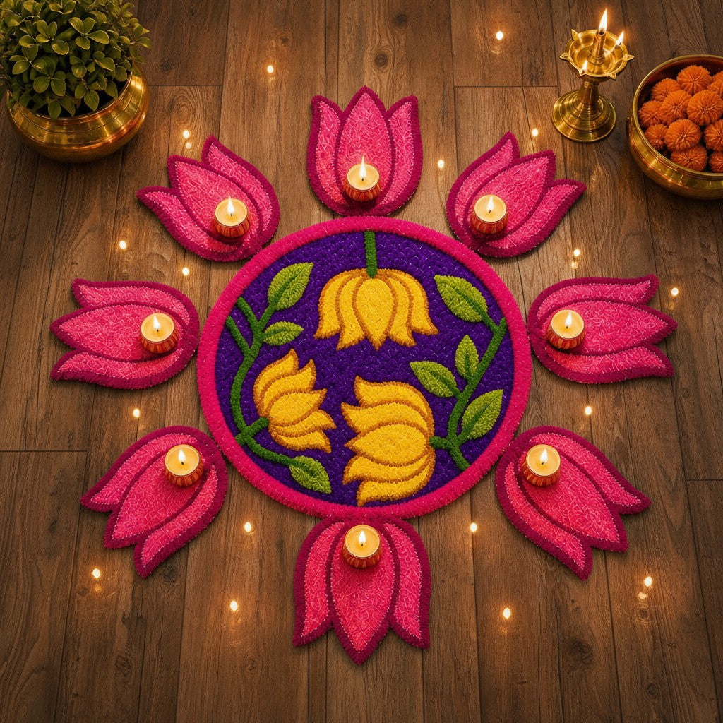 Lotus Bloom Rangoli Mat Set – Soft Feather Yarn colorful Design for Elegant Home & Festival Décor, purple,pink