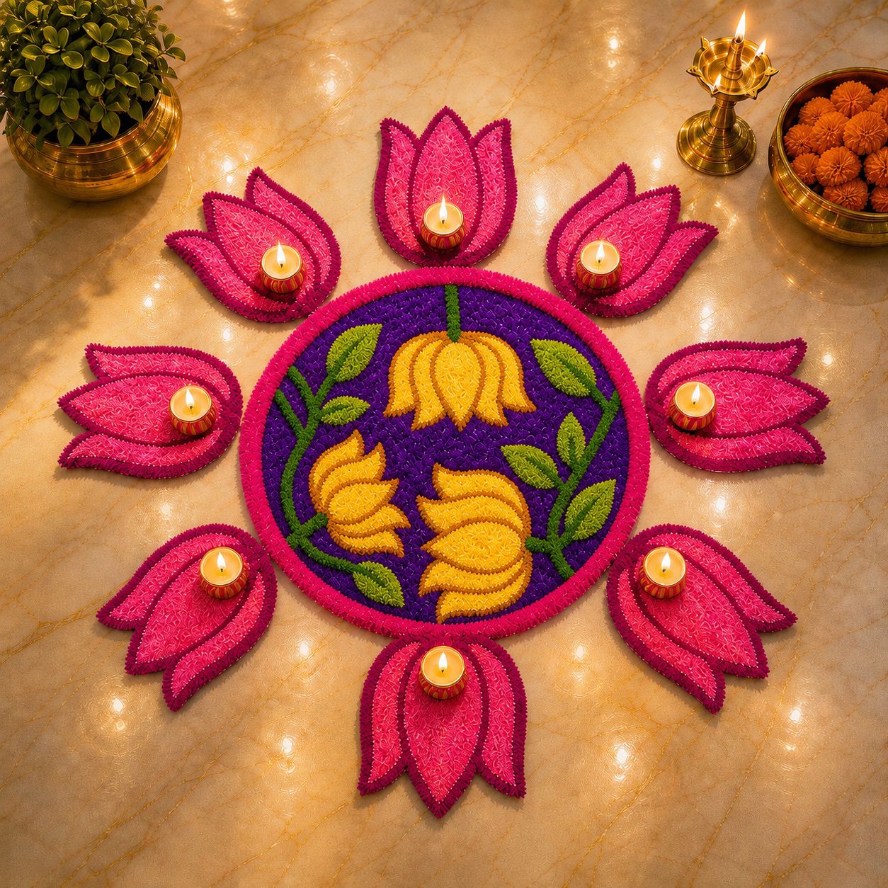 Lotus Bloom Rangoli Mat Set – Soft Feather Yarn colorful Design for Elegant Home & Festival Décor, purple,pink