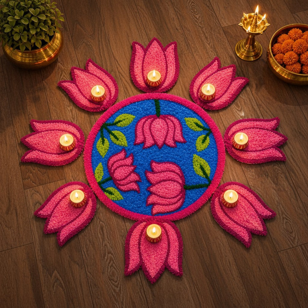 Lotus Bloom Rangoli Mat Set – Soft Feather Yarn colorful Design for Elegant Home & Festival Décor, blue , pink