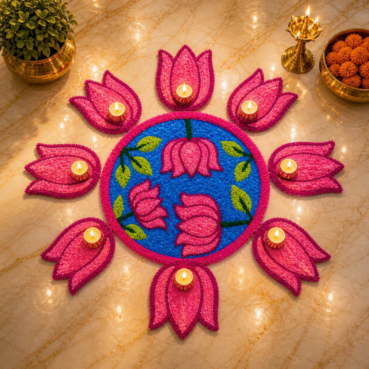 Lotus Bloom Rangoli Mat Set – Soft Feather Yarn colorful Design for Elegant Home & Festival Décor, blue , pink