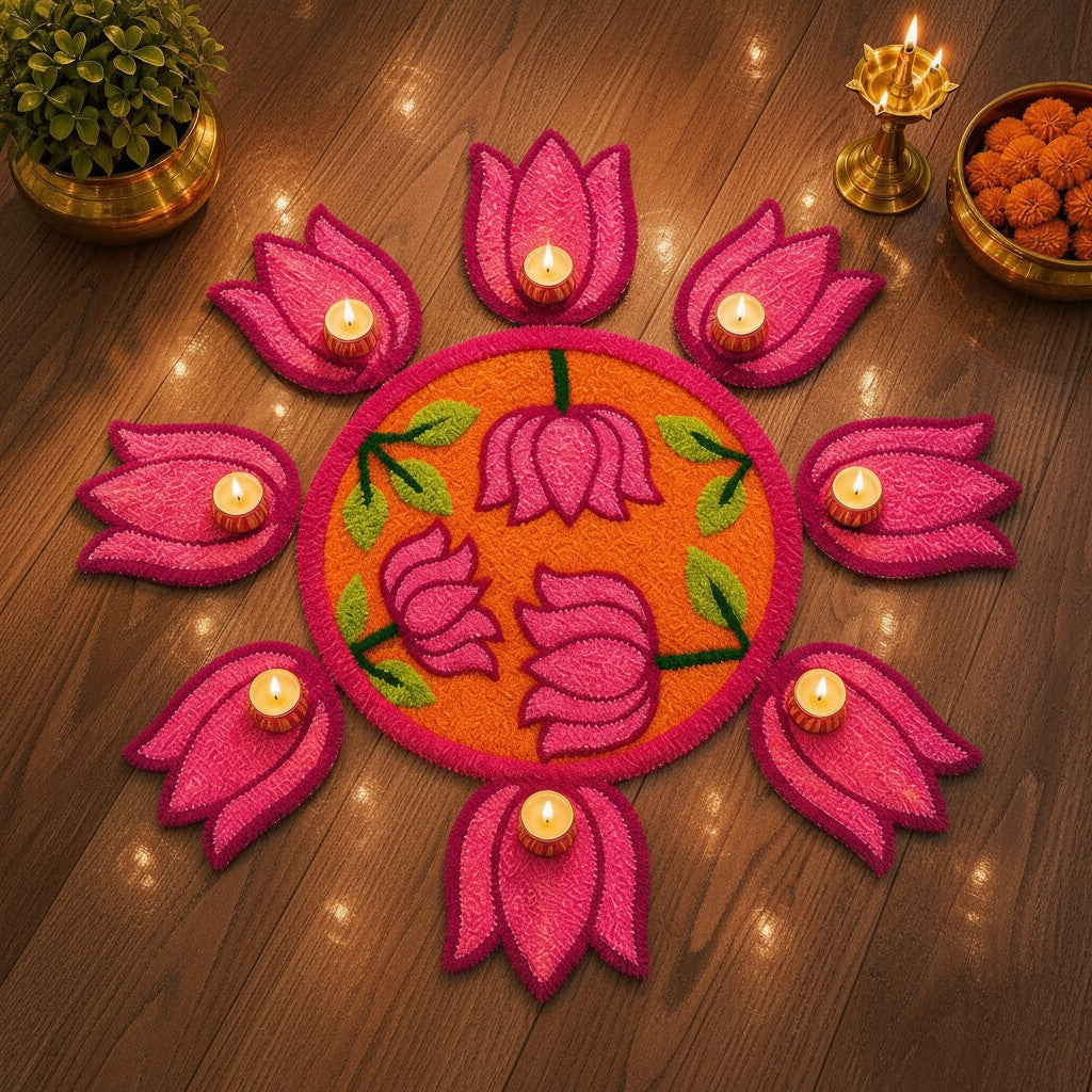 Lotus Bloom Rangoli Mat Set – Soft Feather Yarn colorful Design for Elegant Home & Festival Décor, orange , pink