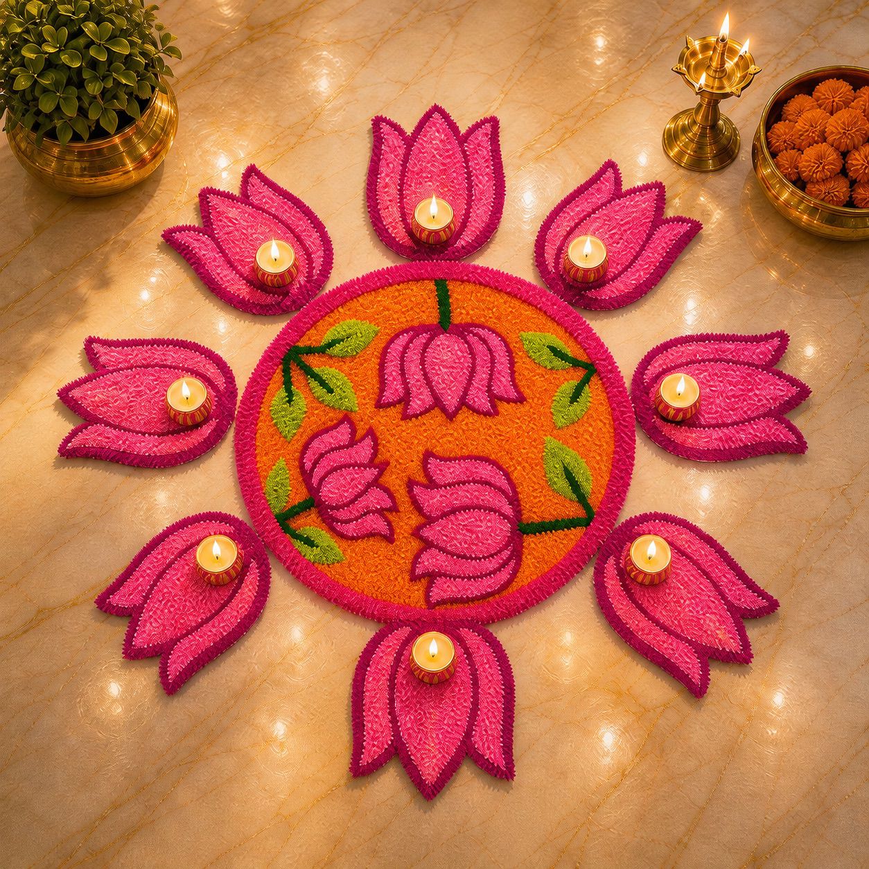 Lotus Bloom Rangoli Mat Set – Soft Feather Yarn colorful Design for Elegant Home & Festival Décor, orange , pink