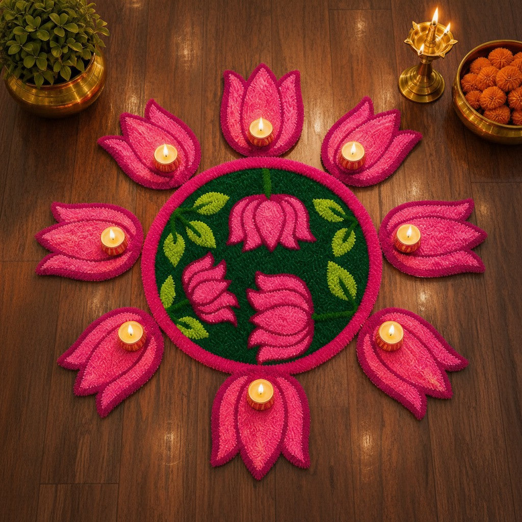 Lotus Bloom Rangoli Mat Set – Soft Feather Yarn colorful Design for Elegant Home & Festival Décor, green, pink
