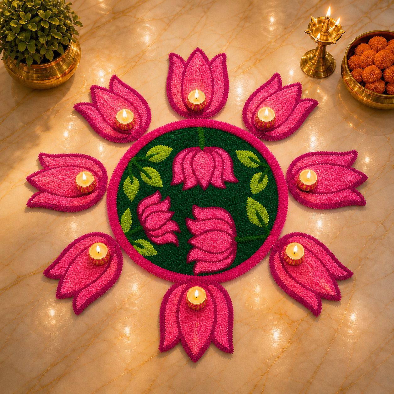 Lotus Bloom Rangoli Mat Set – Soft Feather Yarn colorful Design for Elegant Home & Festival Décor, green, pink
