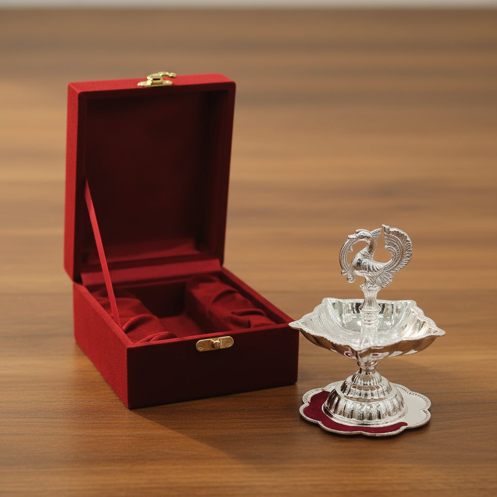 Premium set of German silver peacock diya samai featuring detailed craftsmanship, ideal for Diwali, pooja rituals, home temple decoration, and festive gifting.