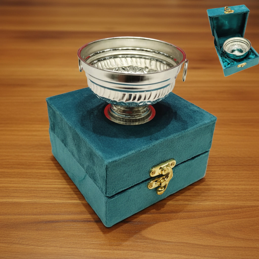Decorative German Silver bowl in a premium velvet gift box, ideal for Diwali gifts, housewarming gifts, and pooja ceremonies.