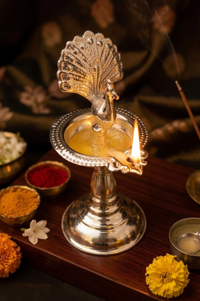 Decorative German Silver Peacock Diya Set designed for Lakshmi Pooja, festive lighting, home décor, and meaningful gifting.