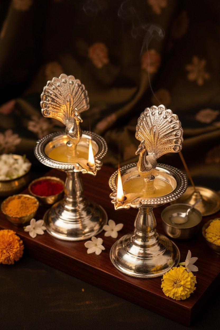 Decorative German Silver Peacock Diya Set designed for Lakshmi Pooja, festive lighting, home décor, and meaningful gifting.