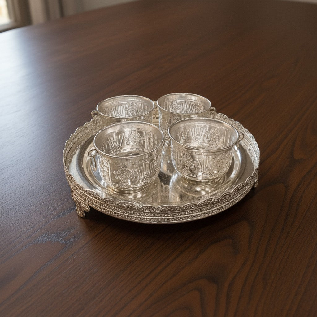 Premium German Silver Serving Tray with 4 Bowls featuring traditional Indian craftsmanship. Perfect for puja offerings, festive dining, spiritual décor, and elegant gifting for Diwali, weddings, housewarmings, and special celebrations. ✨🪔