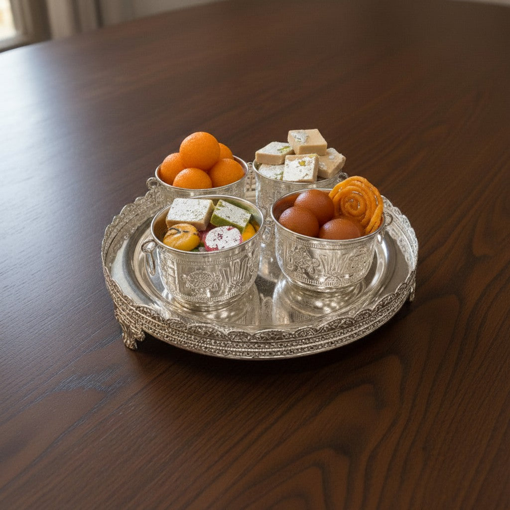 Premium German Silver Serving Tray with 4 Bowls featuring traditional Indian craftsmanship. Perfect for puja offerings, festive dining, spiritual décor, and elegant gifting for Diwali, weddings, housewarmings, and special celebrations. ✨🪔
