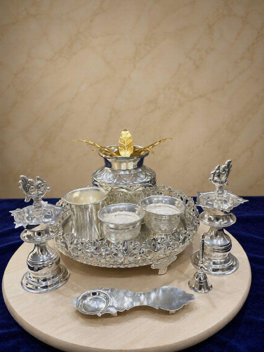 German Silver Pooja Thali Set 11 Piece Matt Finish for housewarming gifts, Hindu pooja rituals, Diwali decor, home temple worship, and festive celebrations.