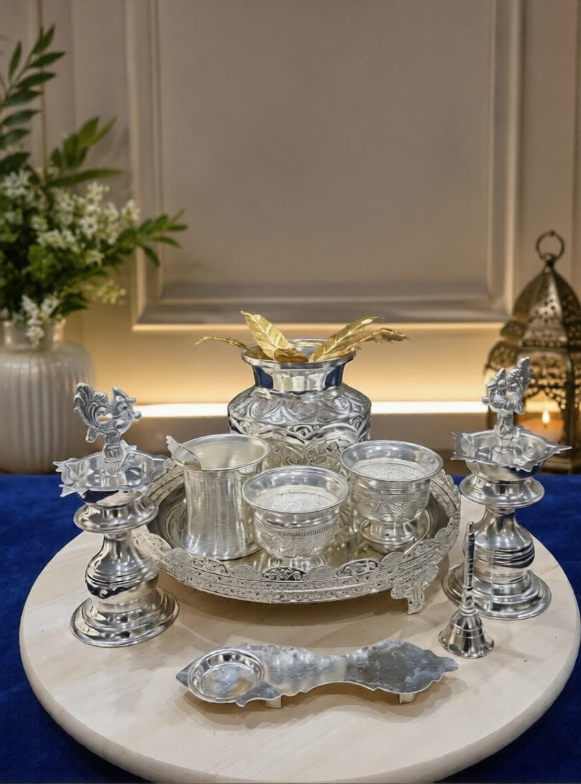 German Silver Pooja Thali Set 11 Piece Matt Finish for housewarming gifts, Hindu pooja rituals, Diwali decor, home temple worship, and festive celebrations.