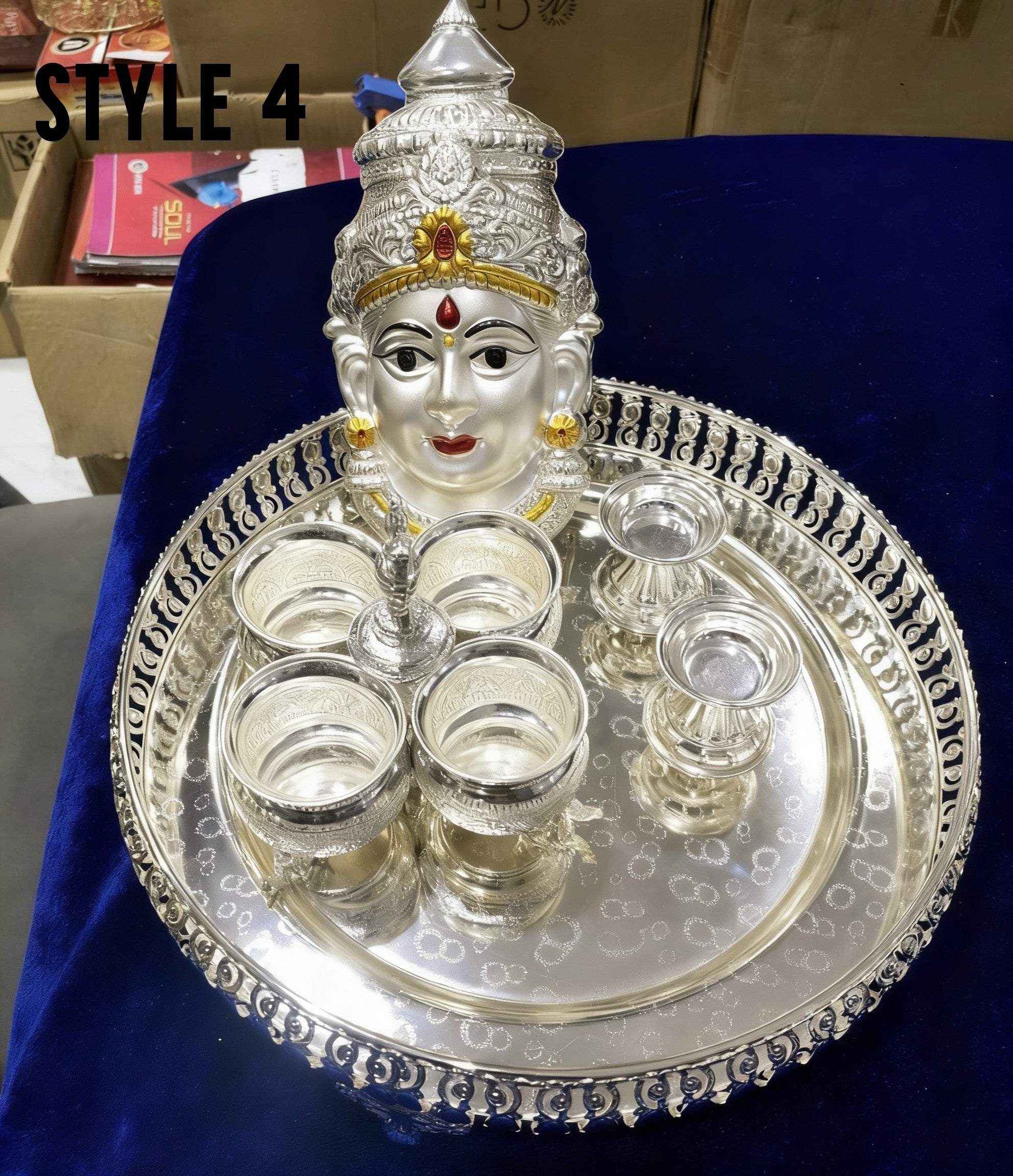 German Silver Pooja Thali Set – 5 Piece Ensemble for Rituals, Festive Décor & Gifting