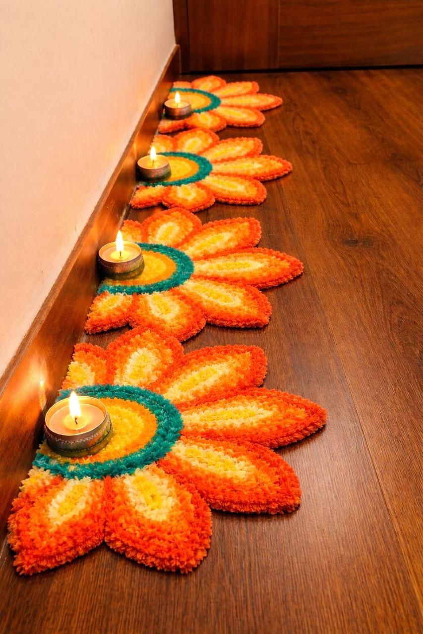 Orange sunflower Rangoli Decorative Mat – Festive Floor Décor for Diwali, Weddings & Pooja