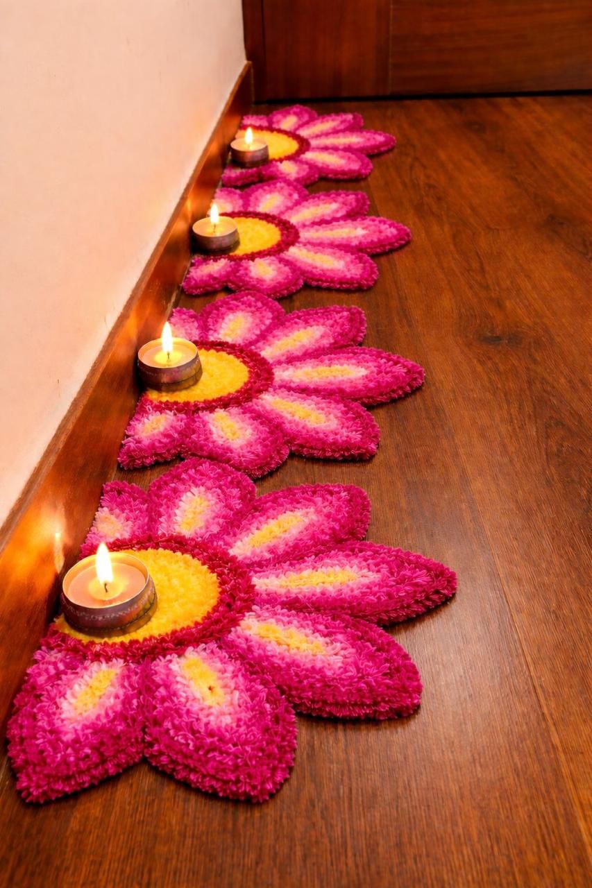 Dark pink sunflower Rangoli Decorative Mat – Festive Floor Décor for Diwali, Weddings & Pooja